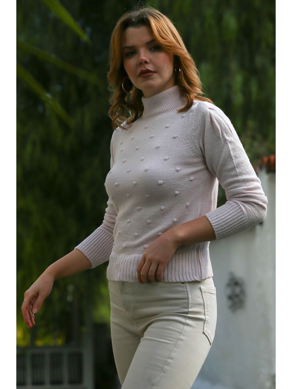 Lila Balıkçı Yaka Uzun Kol Puantiyeli Triko Kazak 60 55-4