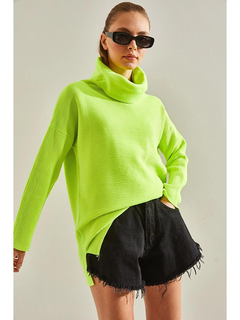 Sarı Kadın Balıkçı Yaka Ottoman Örgü Oversize Triko Kazak-2