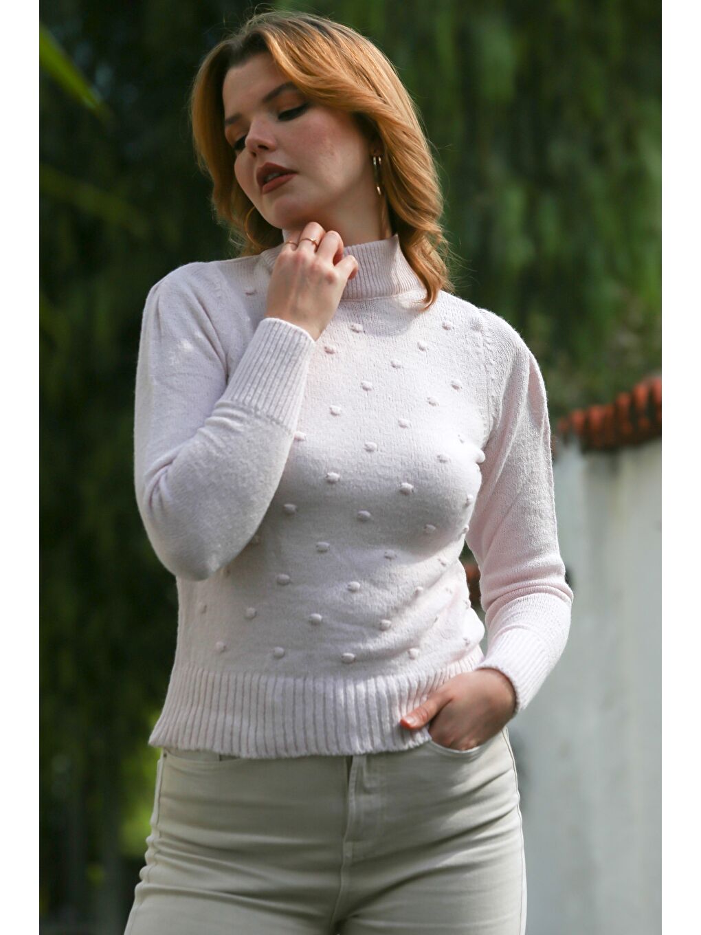 Lila Balıkçı Yaka Uzun Kol Puantiyeli Triko Kazak 60 55-7