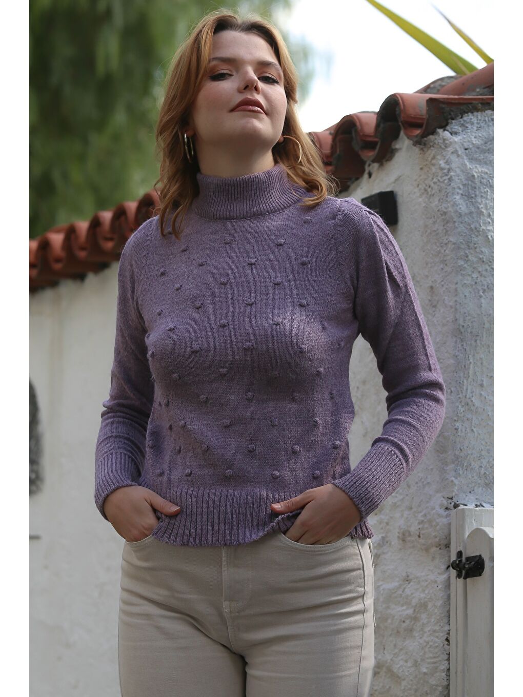 Lila Leylak Rengi Balıkçı Yaka Uzun Kol Puantiyeli Triko Kazak 60 55-2