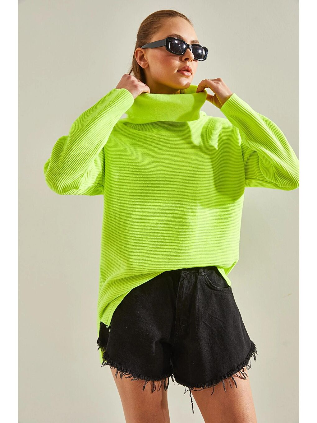 Sarı Kadın Balıkçı Yaka Ottoman Örgü Oversize Triko Kazak-3