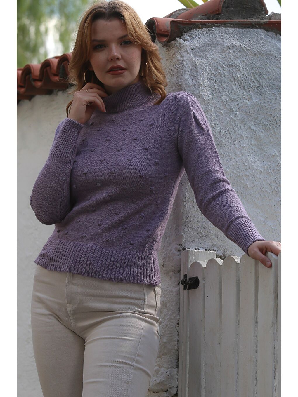 Lila Leylak Rengi Balıkçı Yaka Uzun Kol Puantiyeli Triko Kazak 60 55-3