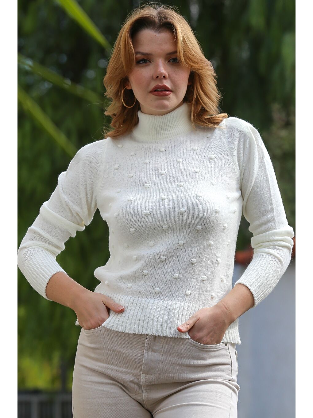 Ekru Balıkçı Yaka Uzun Kol Puantiyeli Triko Kazak 60 55-4