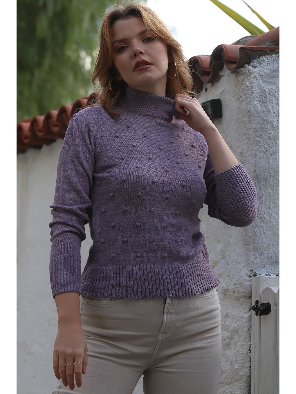 Lila Leylak Rengi Balıkçı Yaka Uzun Kol Puantiyeli Triko Kazak 60 55-4