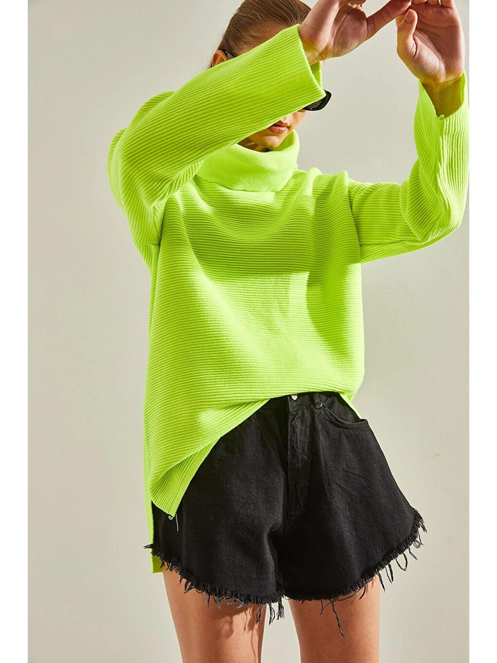 Sarı Kadın Balıkçı Yaka Ottoman Örgü Oversize Triko Kazak-4