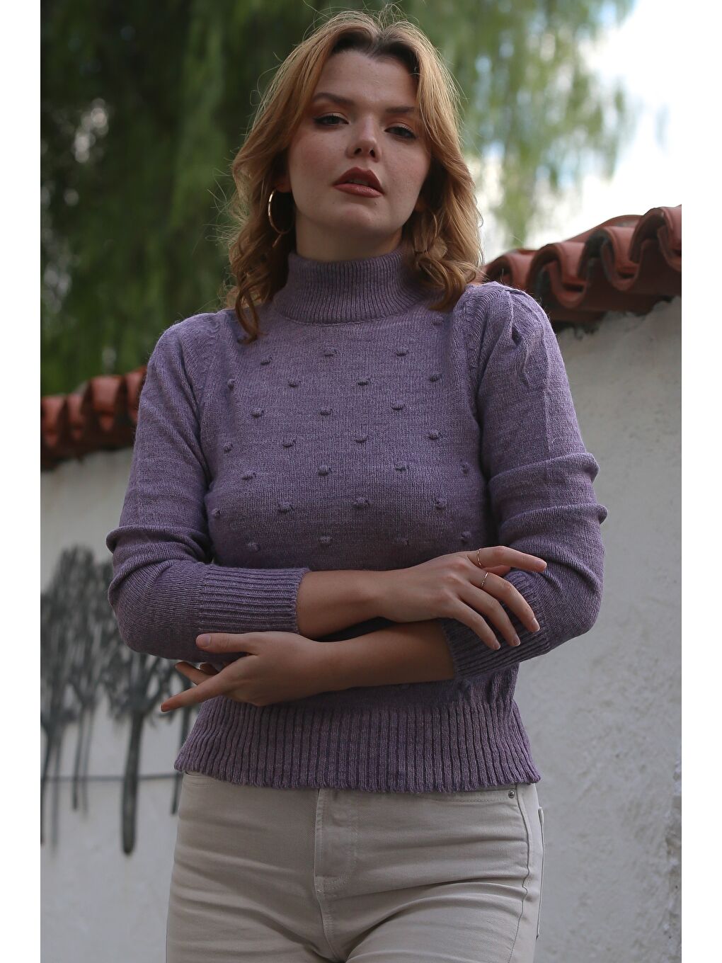 Lila Leylak Rengi Balıkçı Yaka Uzun Kol Puantiyeli Triko Kazak 60 55-5