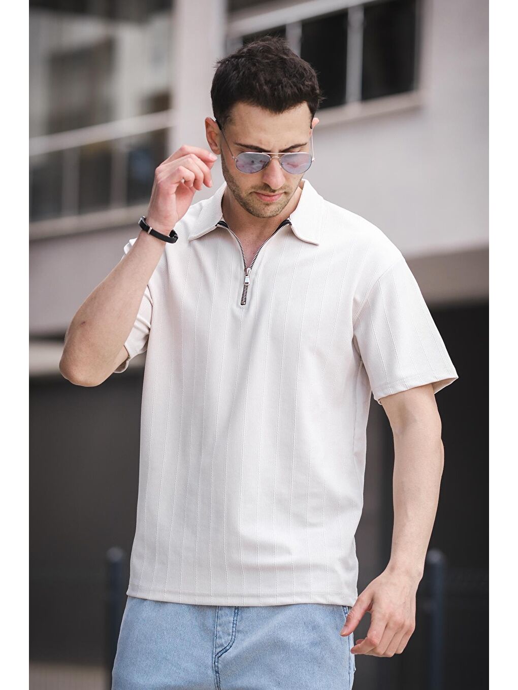 Bej Lond Polo Yaka Jakar Kumaş Yarım Fermuarlı Erkek Tshirt