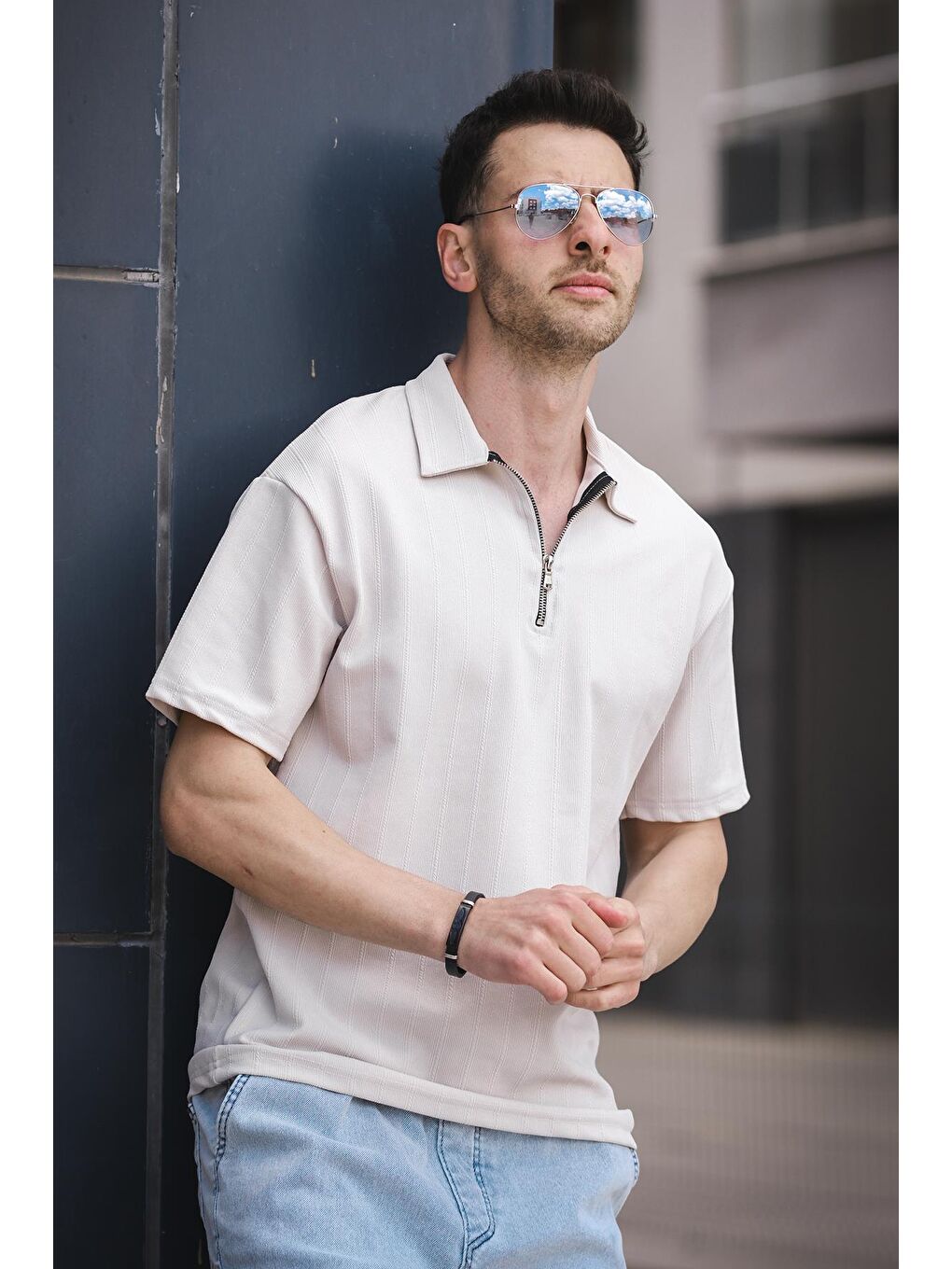 Bej Lond Polo Yaka Jakar Kumaş Yarım Fermuarlı Erkek Tshirt-1