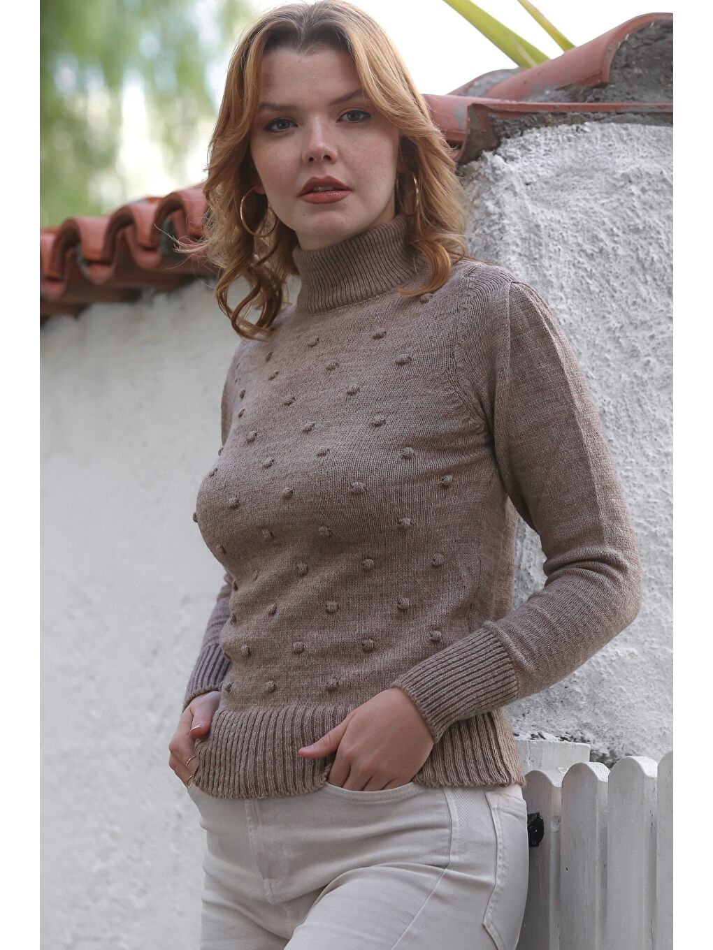 Bej Vizon Balıkçı Yaka Uzun Kol Puantiyeli Triko Kazak 60 55