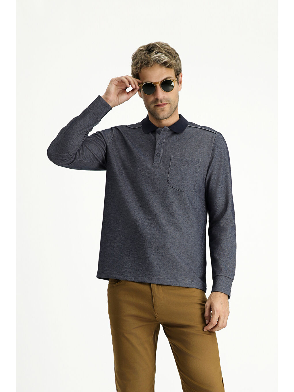 Lacivert Polo Yaka Regular Fit Desenli Sweatshirt