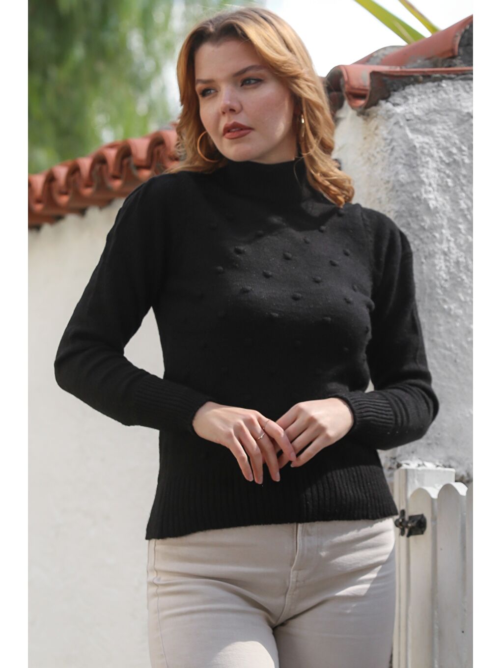 Siyah Balıkçı Yaka Uzun Kol Puantiyeli Triko Kazak 60 55-2