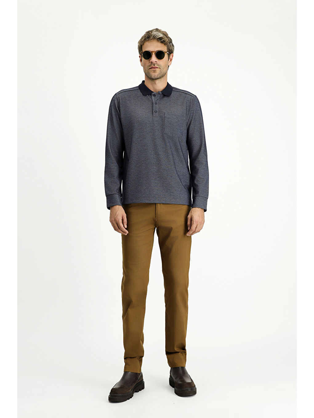 Lacivert Polo Yaka Regular Fit Desenli Sweatshirt-1