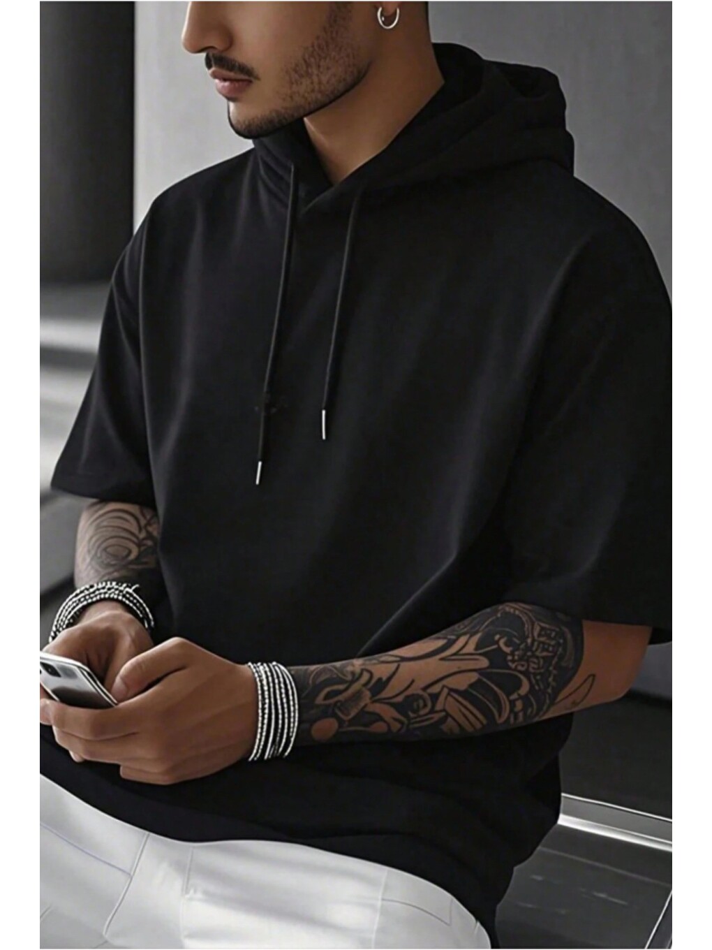 Siyah Erkek Oversize Kısa Kollu Kapüşonlu Tişört Sweatshirt