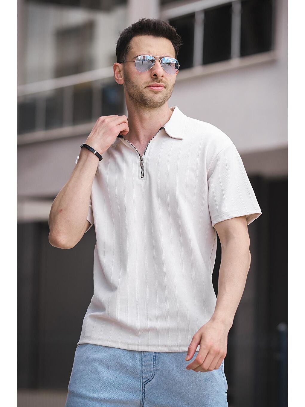 Bej Lond Polo Yaka Jakar Kumaş Yarım Fermuarlı Erkek Tshirt-2