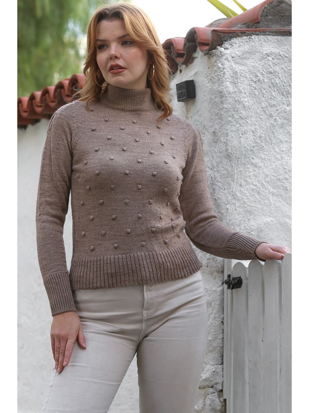 Bej Vizon Balıkçı Yaka Uzun Kol Puantiyeli Triko Kazak 60 55-2