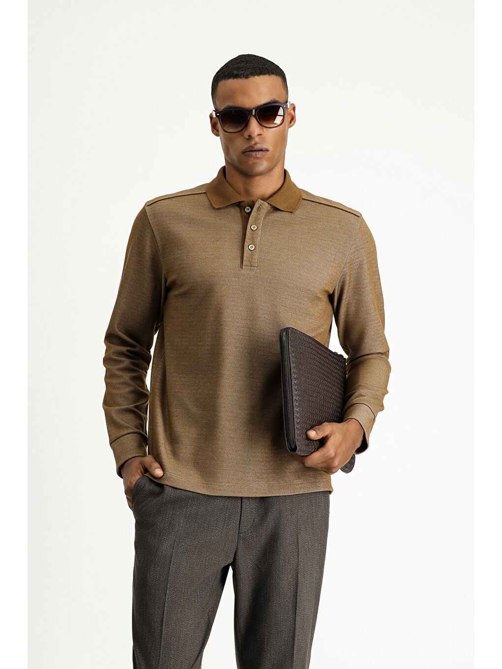 Kahverengi Polo Yaka Regular Fit Desenli Sweatshirt