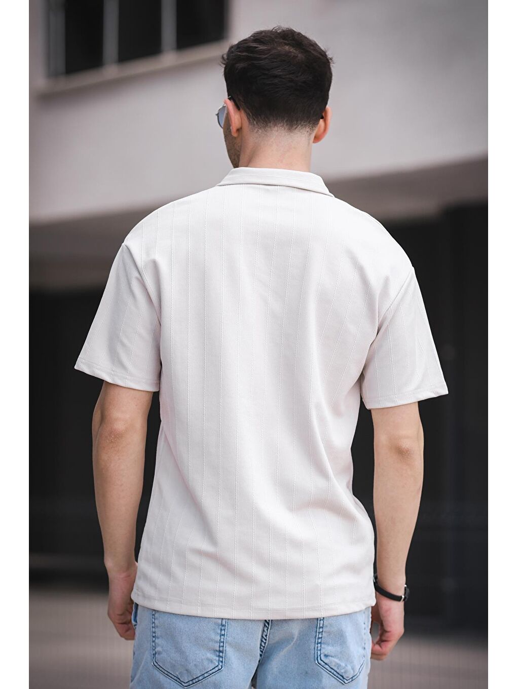 Bej Lond Polo Yaka Jakar Kumaş Yarım Fermuarlı Erkek Tshirt-3