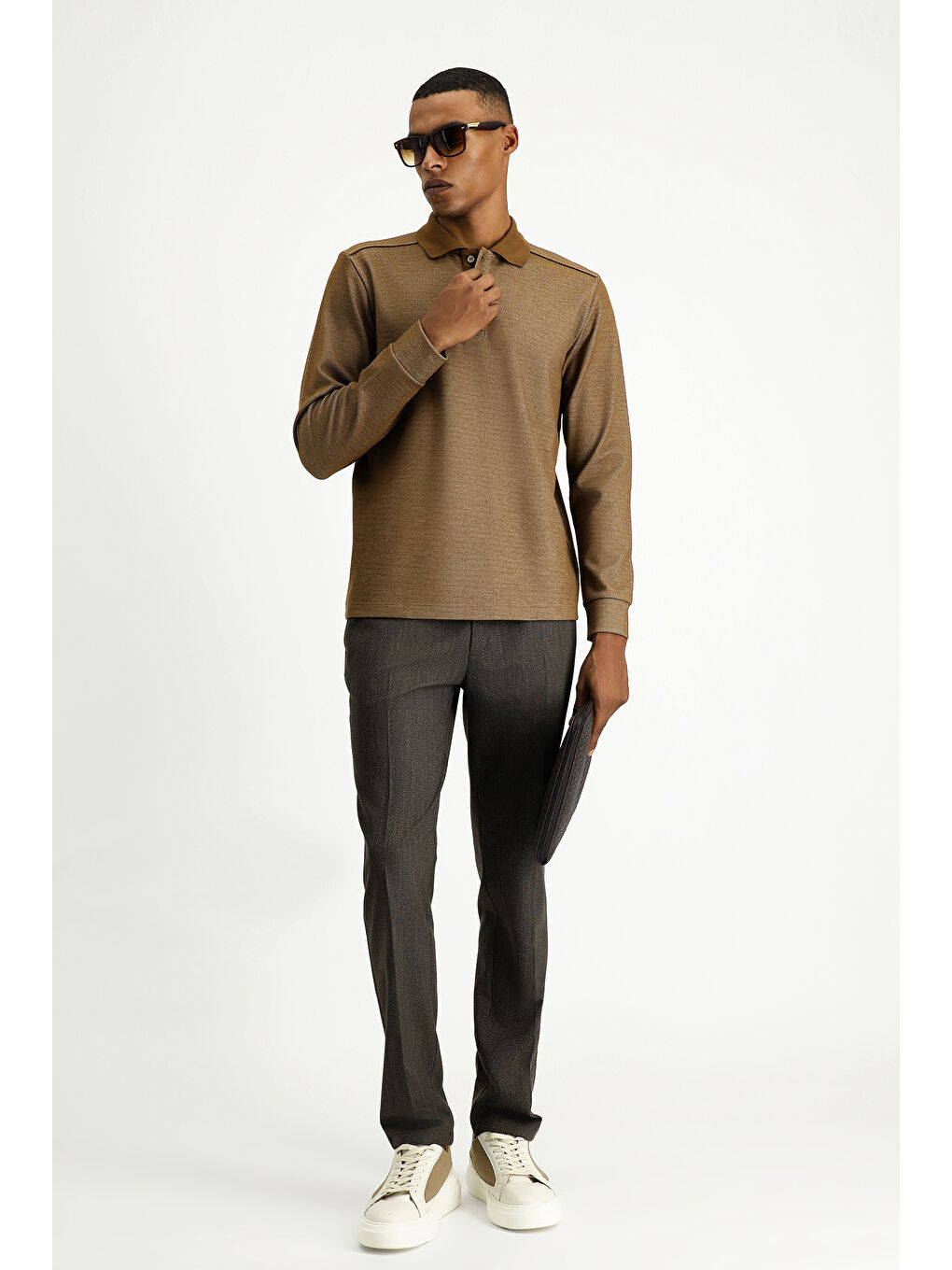 Kahverengi Polo Yaka Regular Fit Desenli Sweatshirt-1