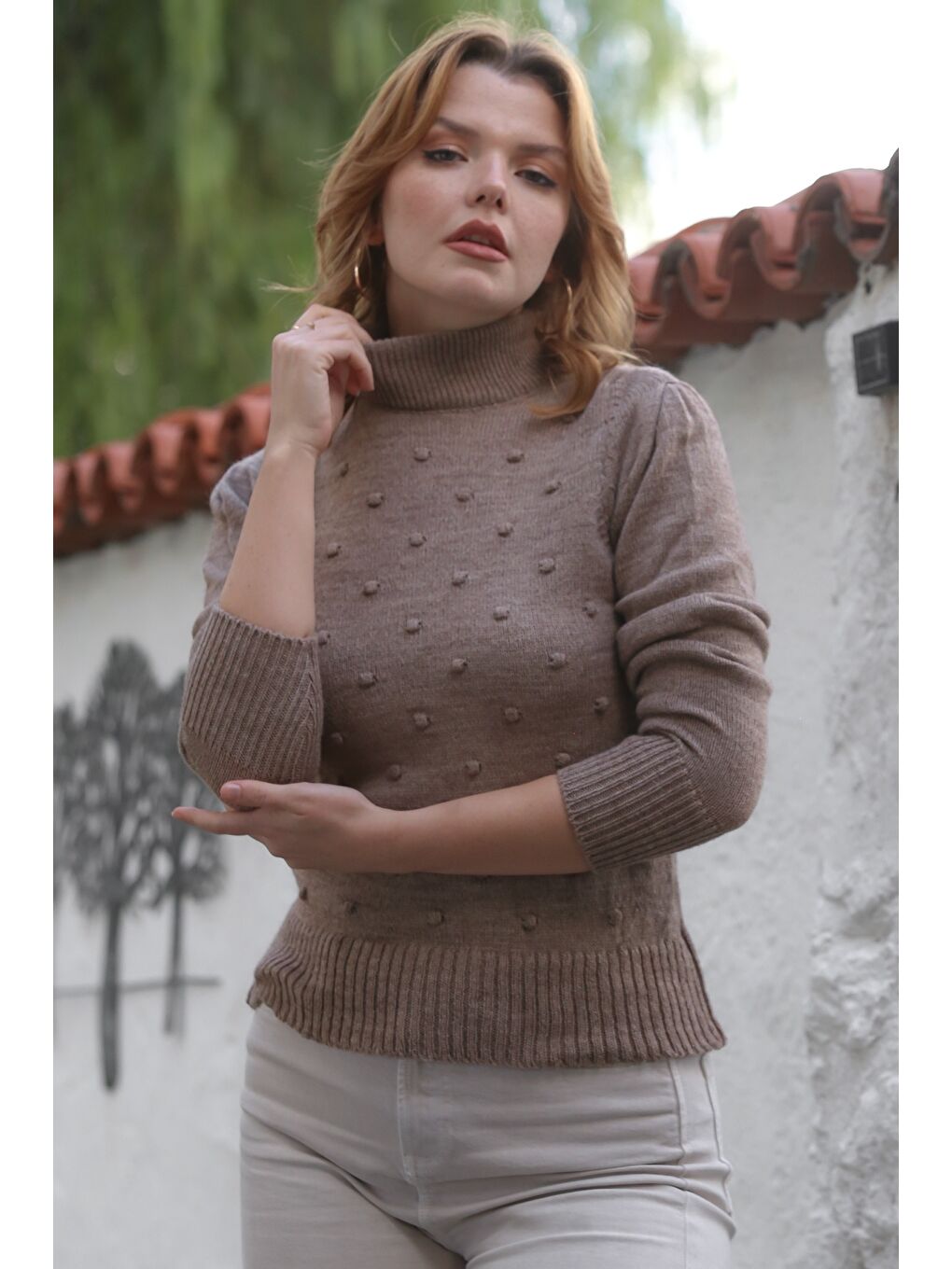 Bej Vizon Balıkçı Yaka Uzun Kol Puantiyeli Triko Kazak 60 55-5