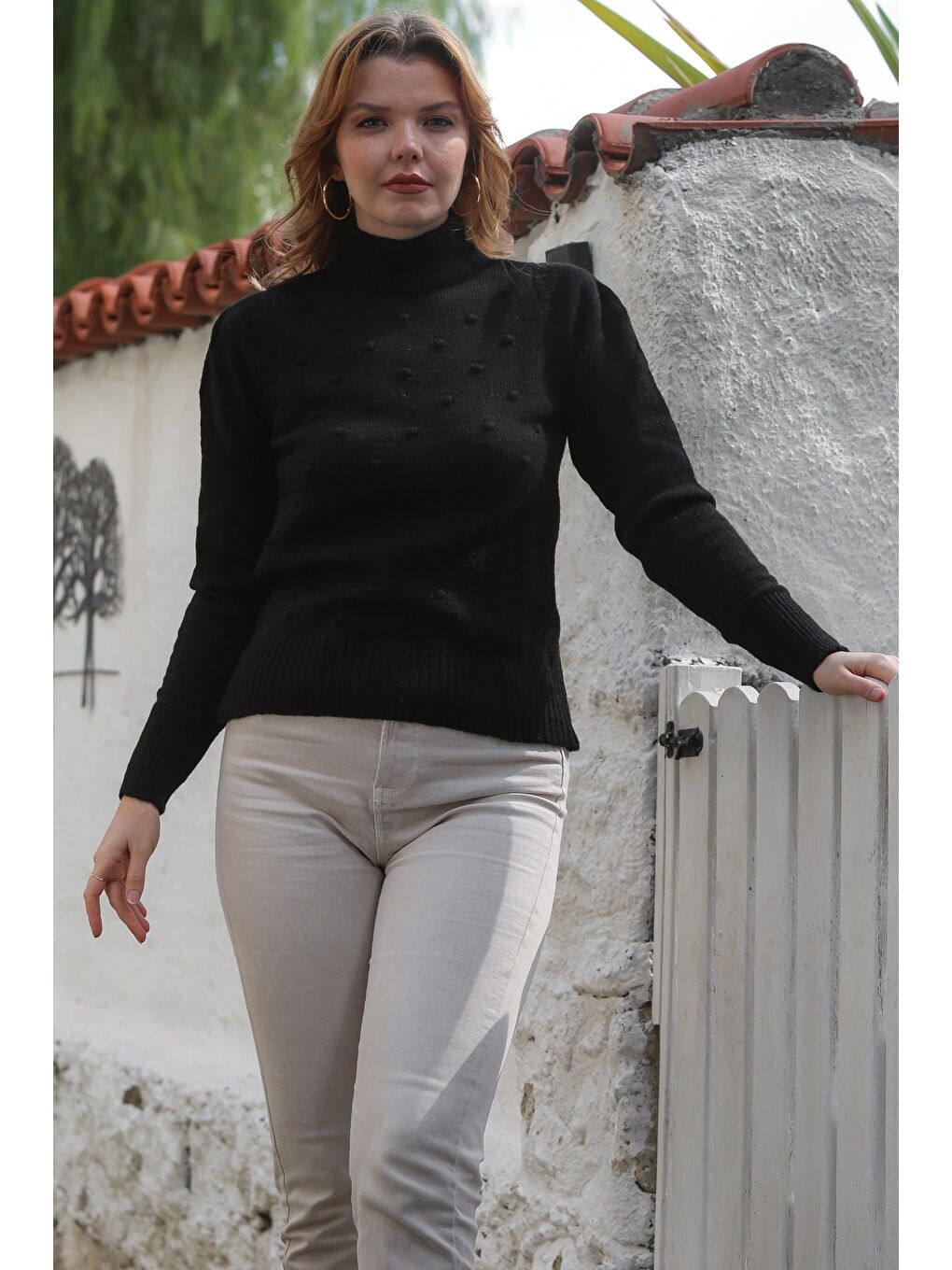 Siyah Balıkçı Yaka Uzun Kol Puantiyeli Triko Kazak 60 55-7