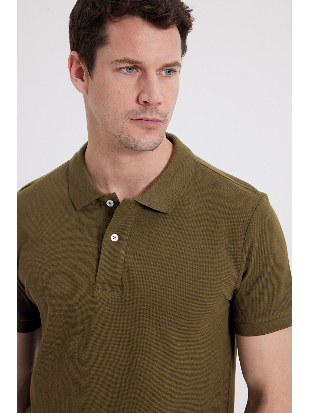 Erkek Slim Fit Dar Kesim %100 Pamuk Haki Polo Yaka Tişört-1