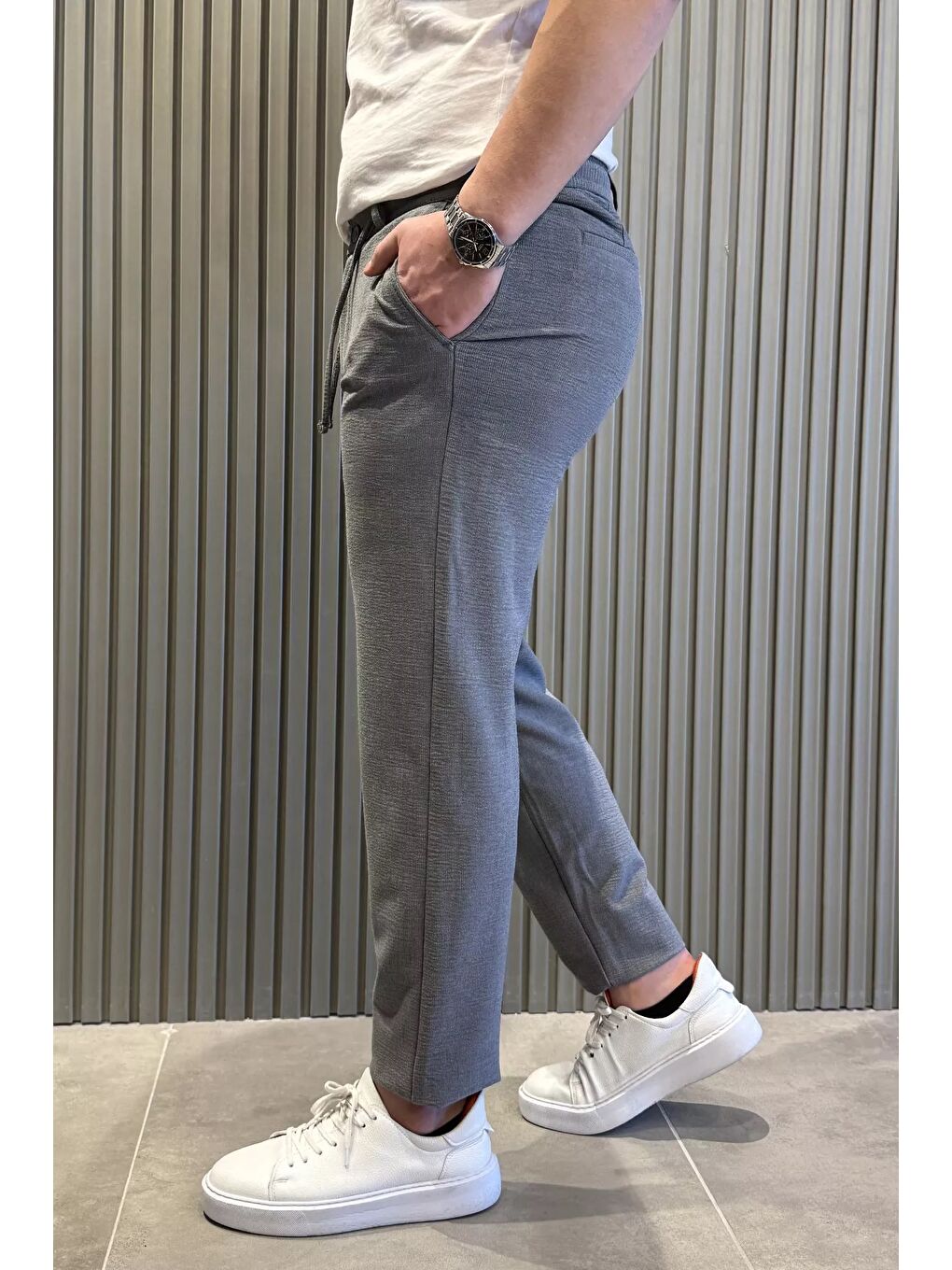 Gri Erkek Bel Lastikli Bağcıklı Jogger Pantolon-1