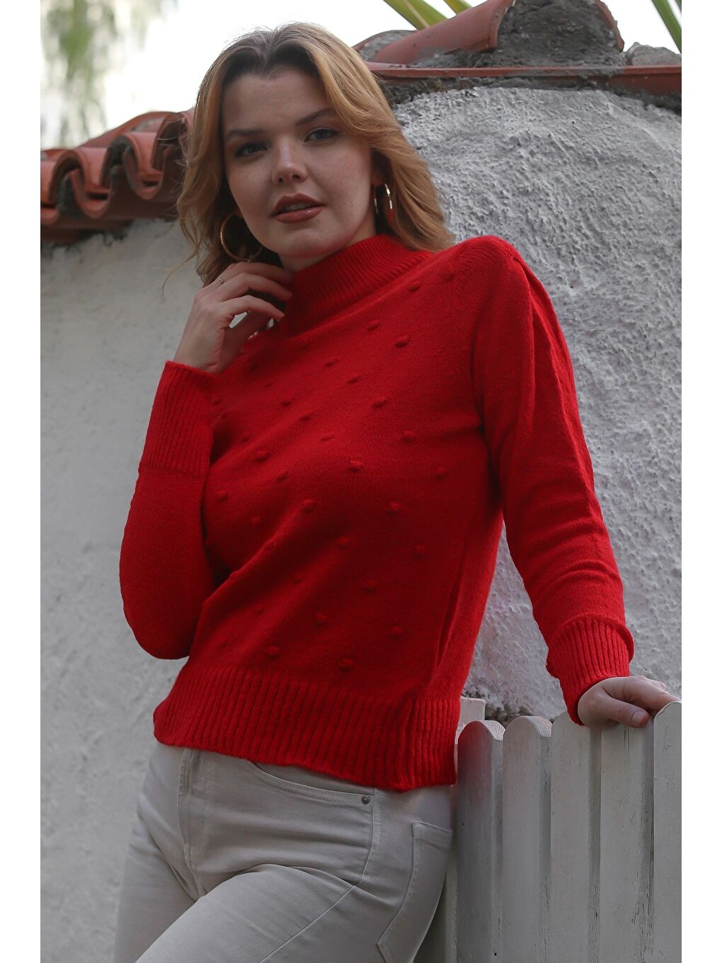 Kırmızı Balıkçı Yaka Uzun Kol Puantiyeli Triko Kazak 60 55