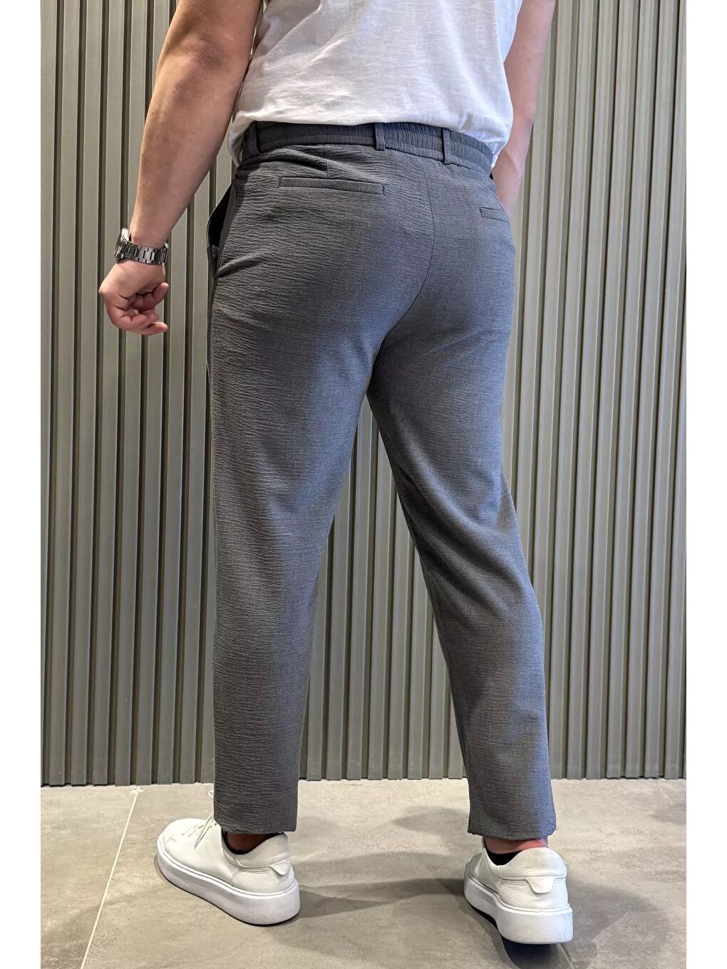 Gri Erkek Bel Lastikli Bağcıklı Jogger Pantolon-2