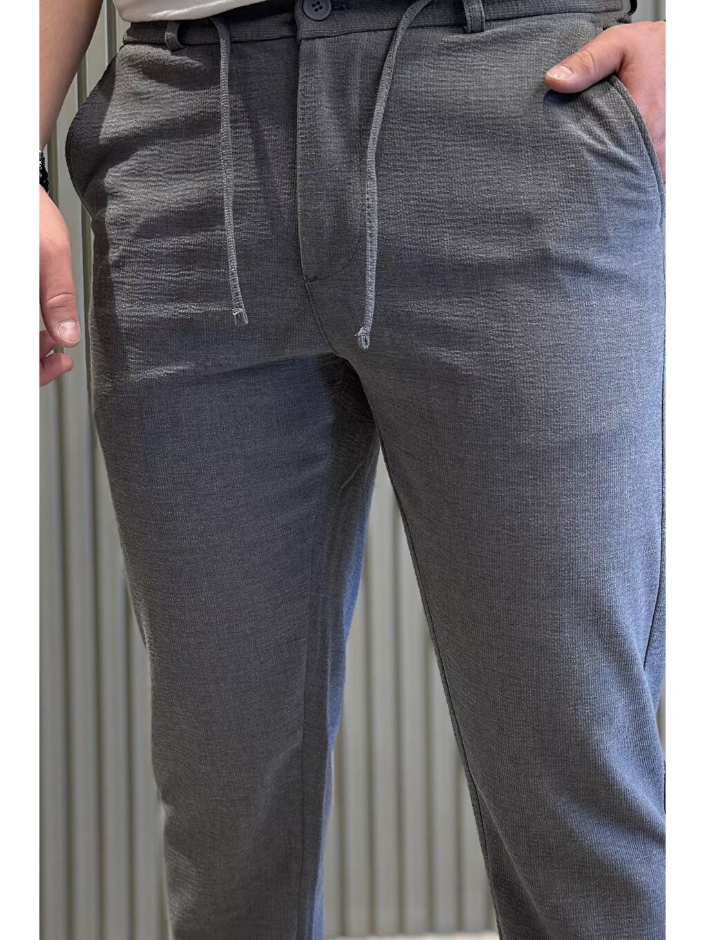 Gri Erkek Bel Lastikli Bağcıklı Jogger Pantolon-3