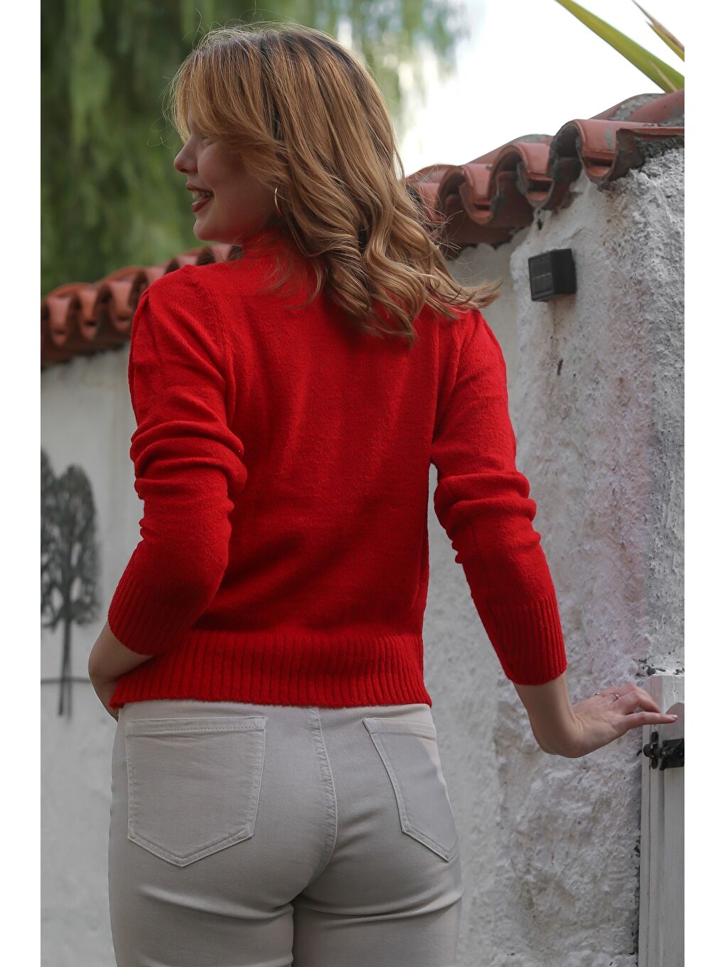 Kırmızı Balıkçı Yaka Uzun Kol Puantiyeli Triko Kazak 60 55-1