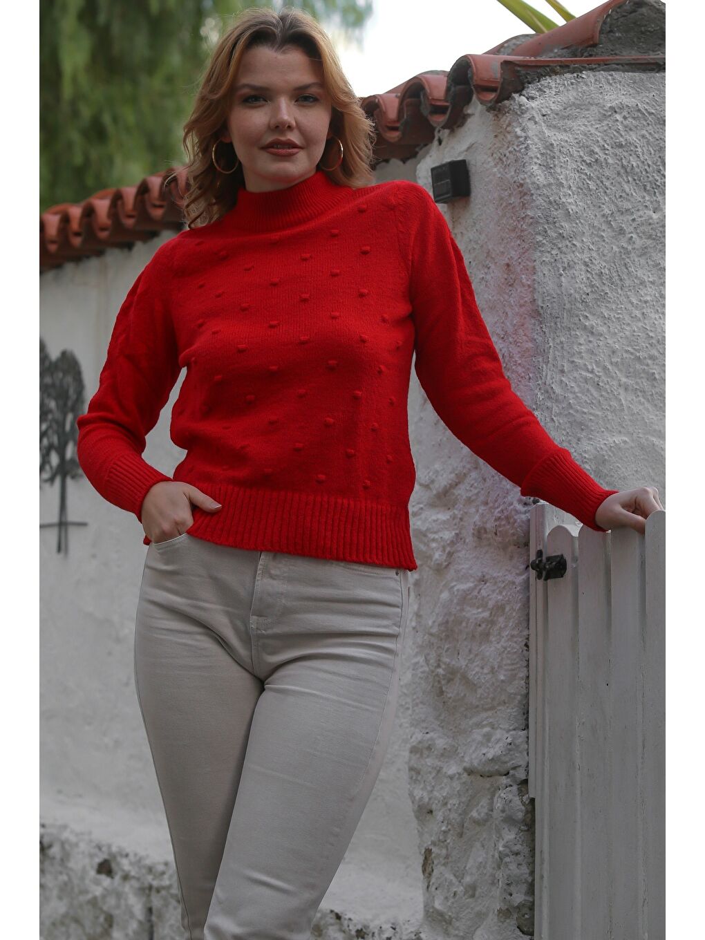 Kırmızı Balıkçı Yaka Uzun Kol Puantiyeli Triko Kazak 60 55-2