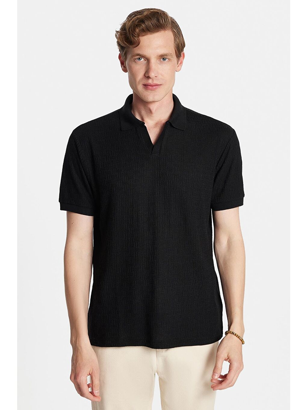 Erkek Slim Fit Dar Kesim Viskon Kumaş Desenli Düz Pike Düğmesiz Siyah Polo Yaka Tişört-3