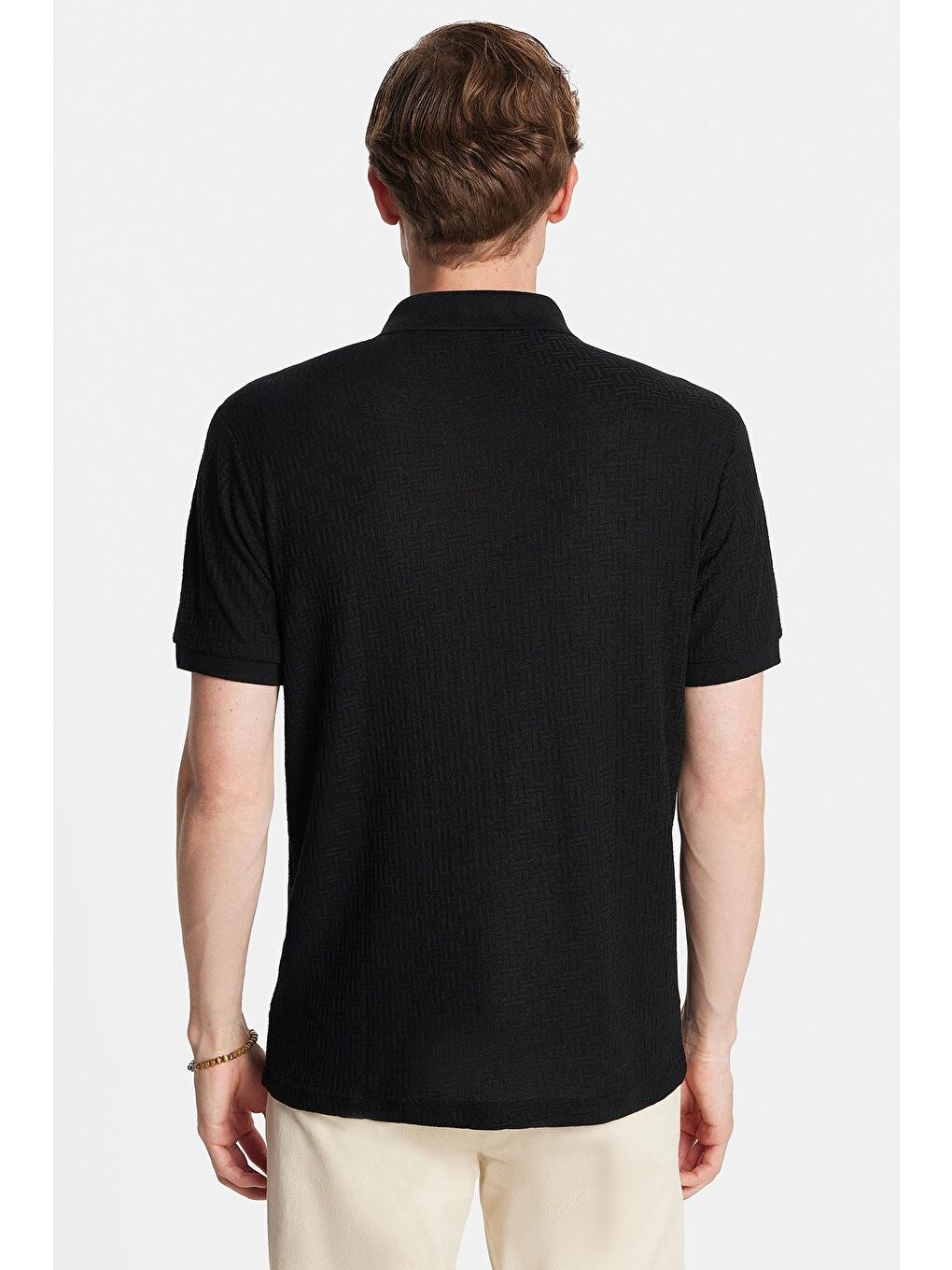 Erkek Slim Fit Dar Kesim Viskon Kumaş Desenli Düz Pike Düğmesiz Siyah Polo Yaka Tişört-4