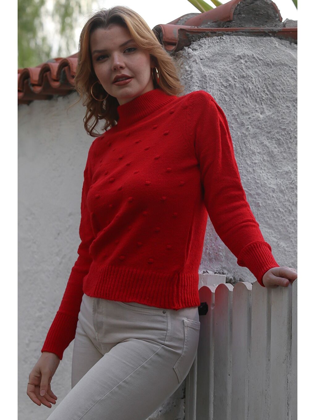 Kırmızı Balıkçı Yaka Uzun Kol Puantiyeli Triko Kazak 60 55-4