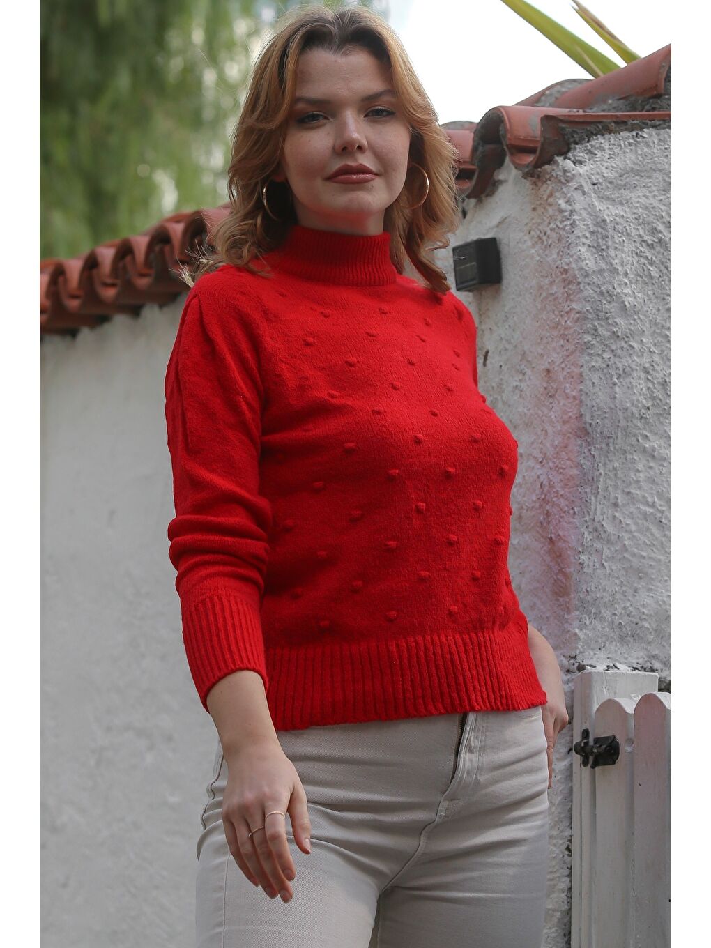 Kırmızı Balıkçı Yaka Uzun Kol Puantiyeli Triko Kazak 60 55-5