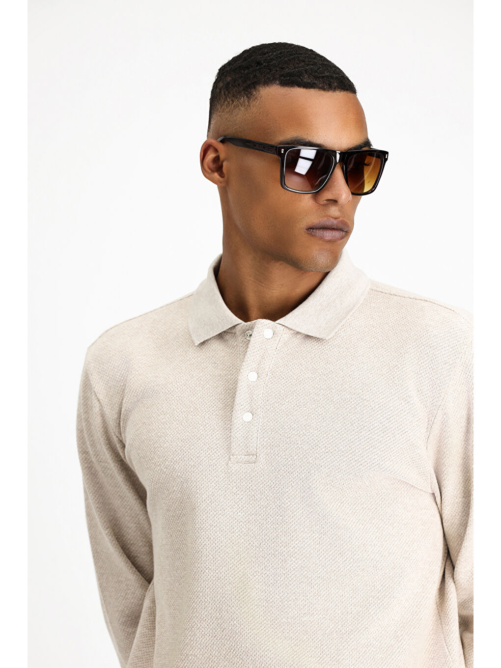 Bej Polo Yaka Regular Fit Desenli Sweatshirt