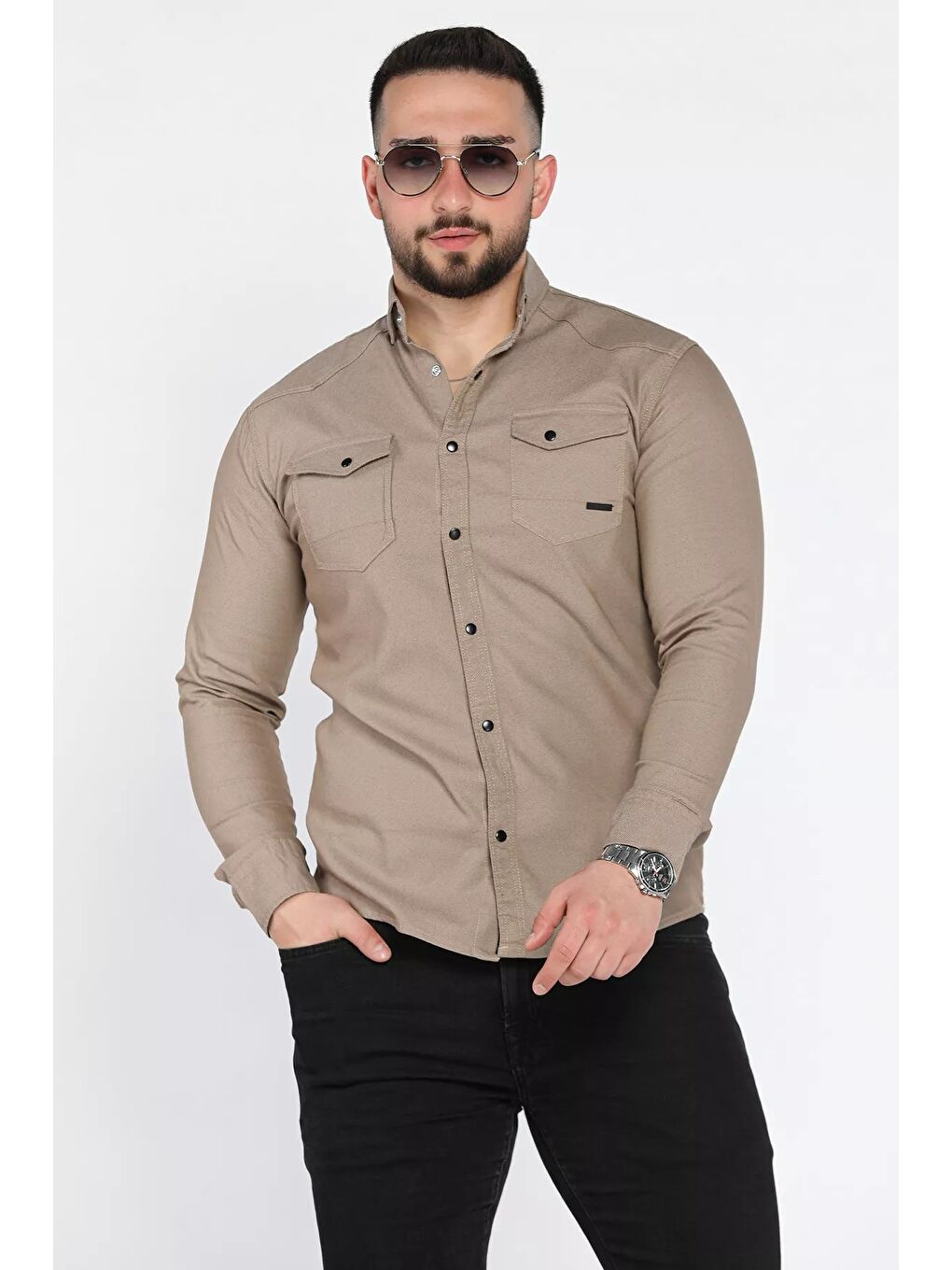 Bej Erkek Çıtçıtlı Gömlek