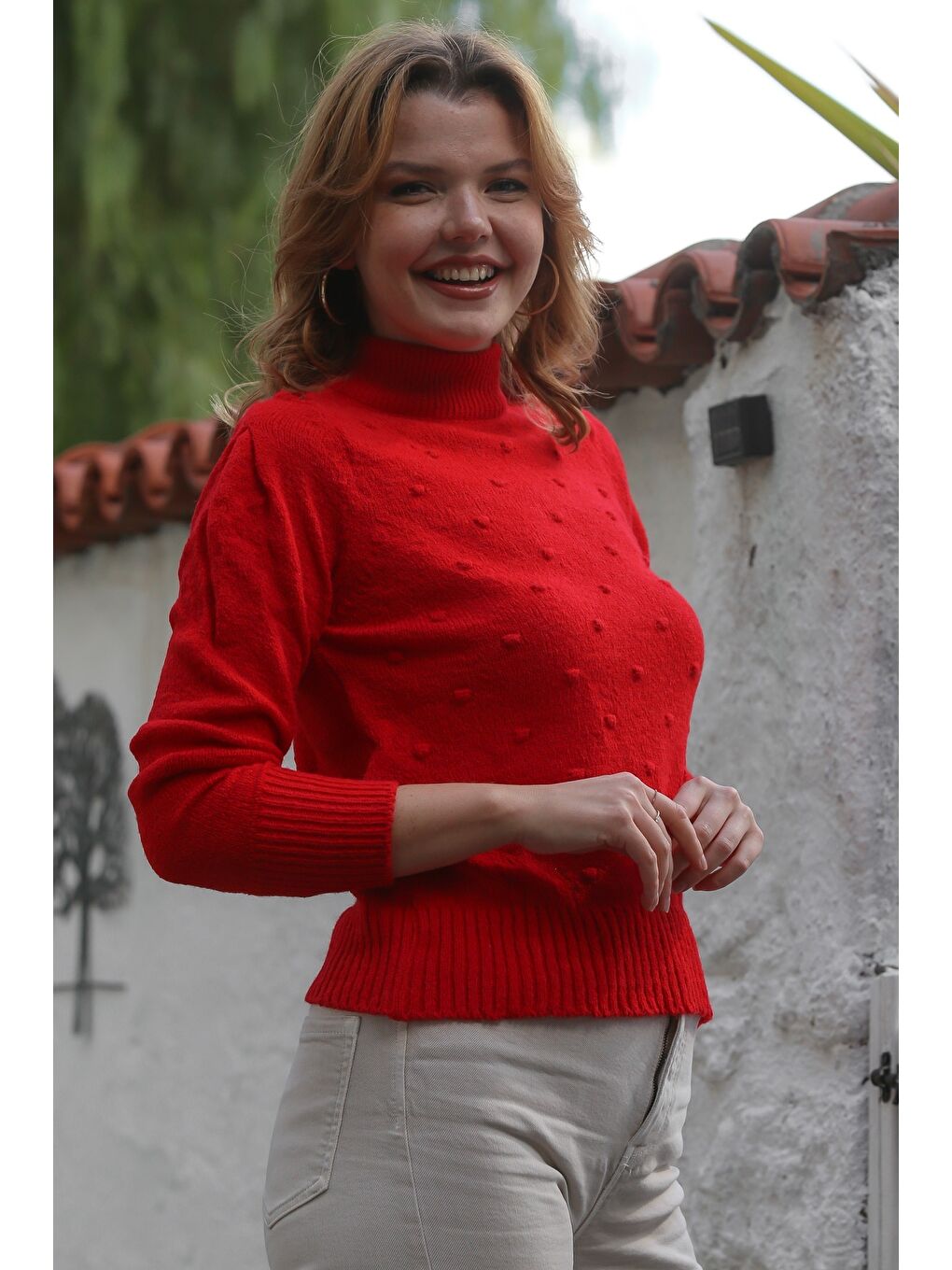 Kırmızı Balıkçı Yaka Uzun Kol Puantiyeli Triko Kazak 60 55-6