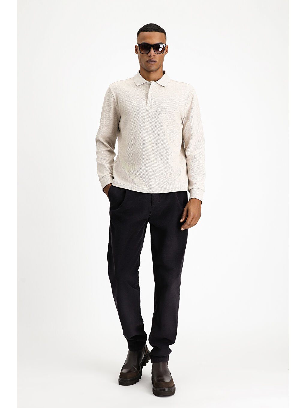 Bej Polo Yaka Regular Fit Desenli Sweatshirt-1