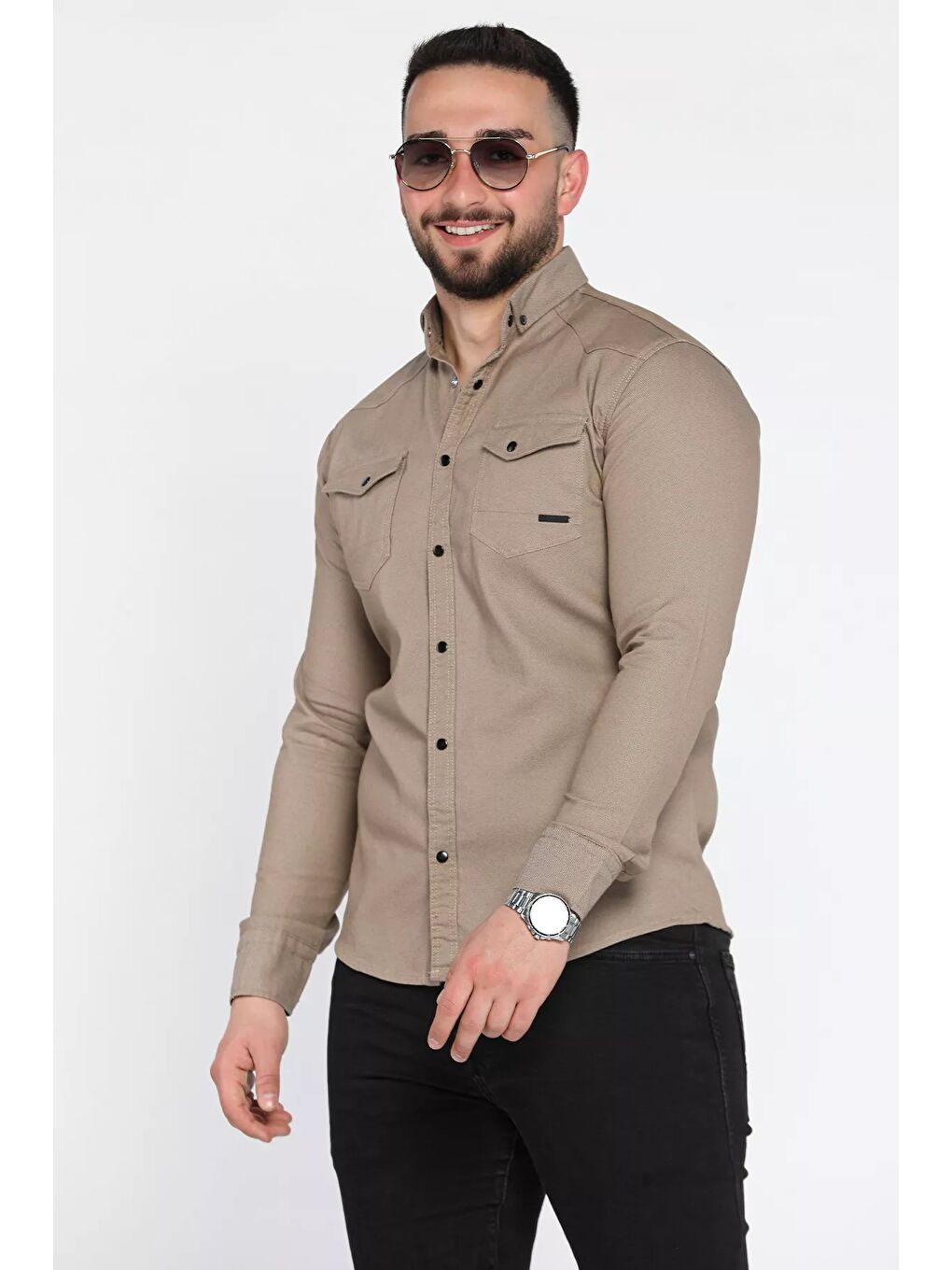 Bej Erkek Çıtçıtlı Gömlek-1