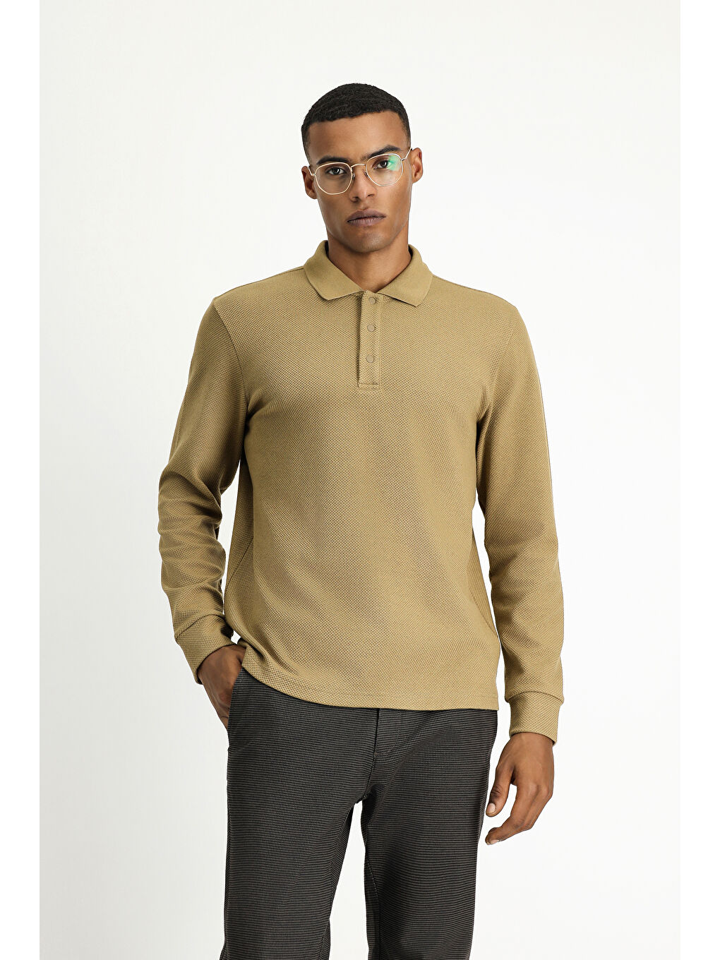 Bej Polo Yaka Regular Fit Desenli Sweatshirt