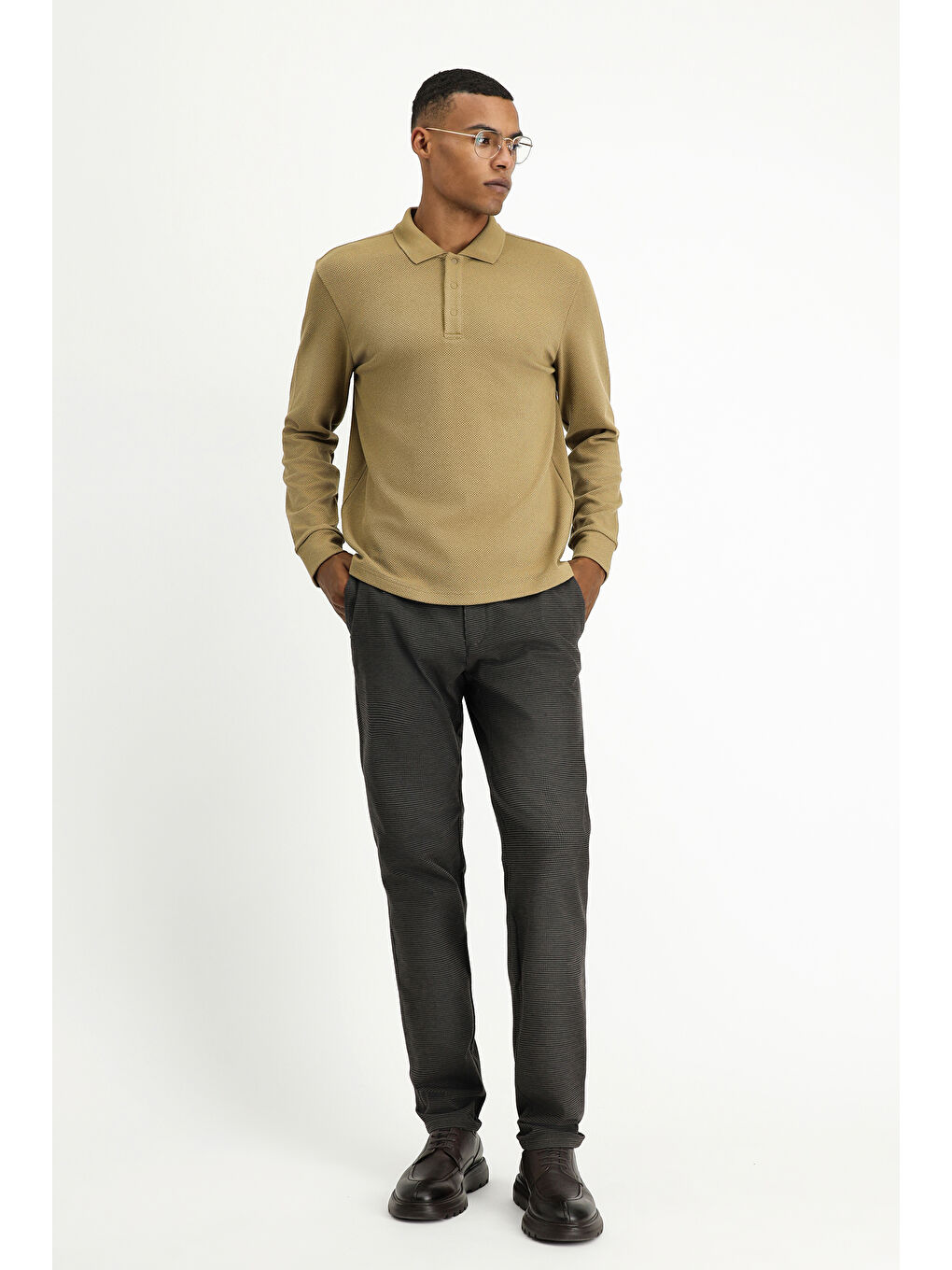 Bej Polo Yaka Regular Fit Desenli Sweatshirt-1