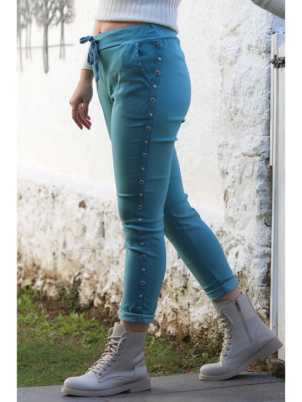 İtalyan Turkuaz Cepli Yanları Şeritli Lastikli Ve Bağlamalı Bel Casual Dokuma Pantolon 98 62-7