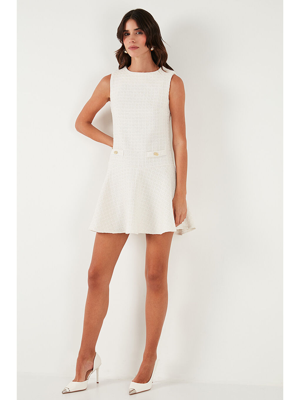 Ekru Pamuklu Regular Fit Bisiklet Yaka Düğme Detaylı A Kesim Mini Abiye Elbise 6525687-1