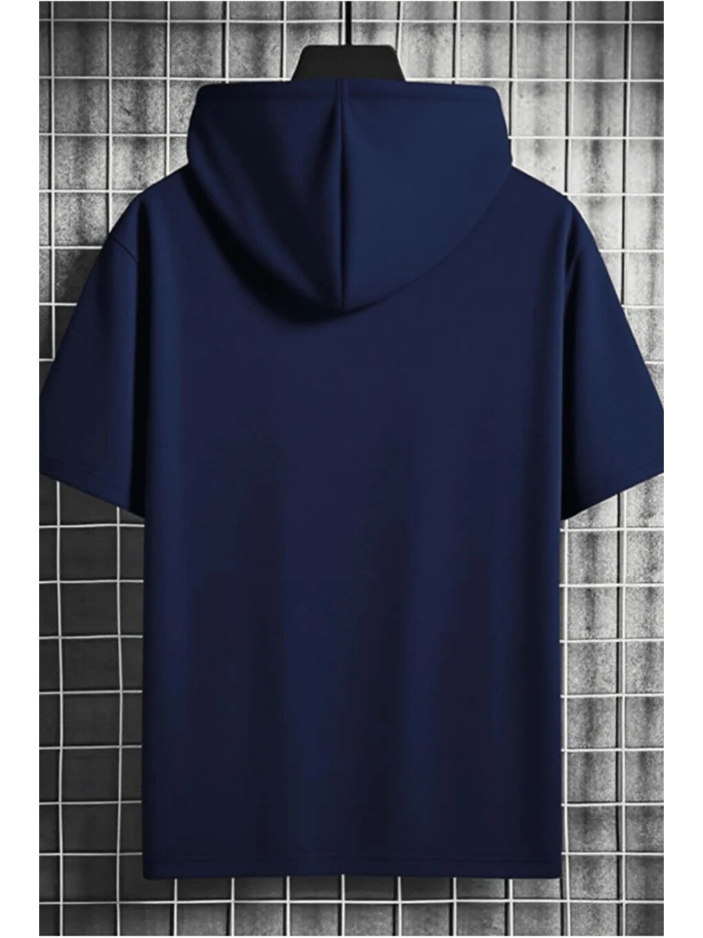 Lacivert Erkek Oversize Kısa Kollu Kapüşonlu Tişört Sweatshirt-1