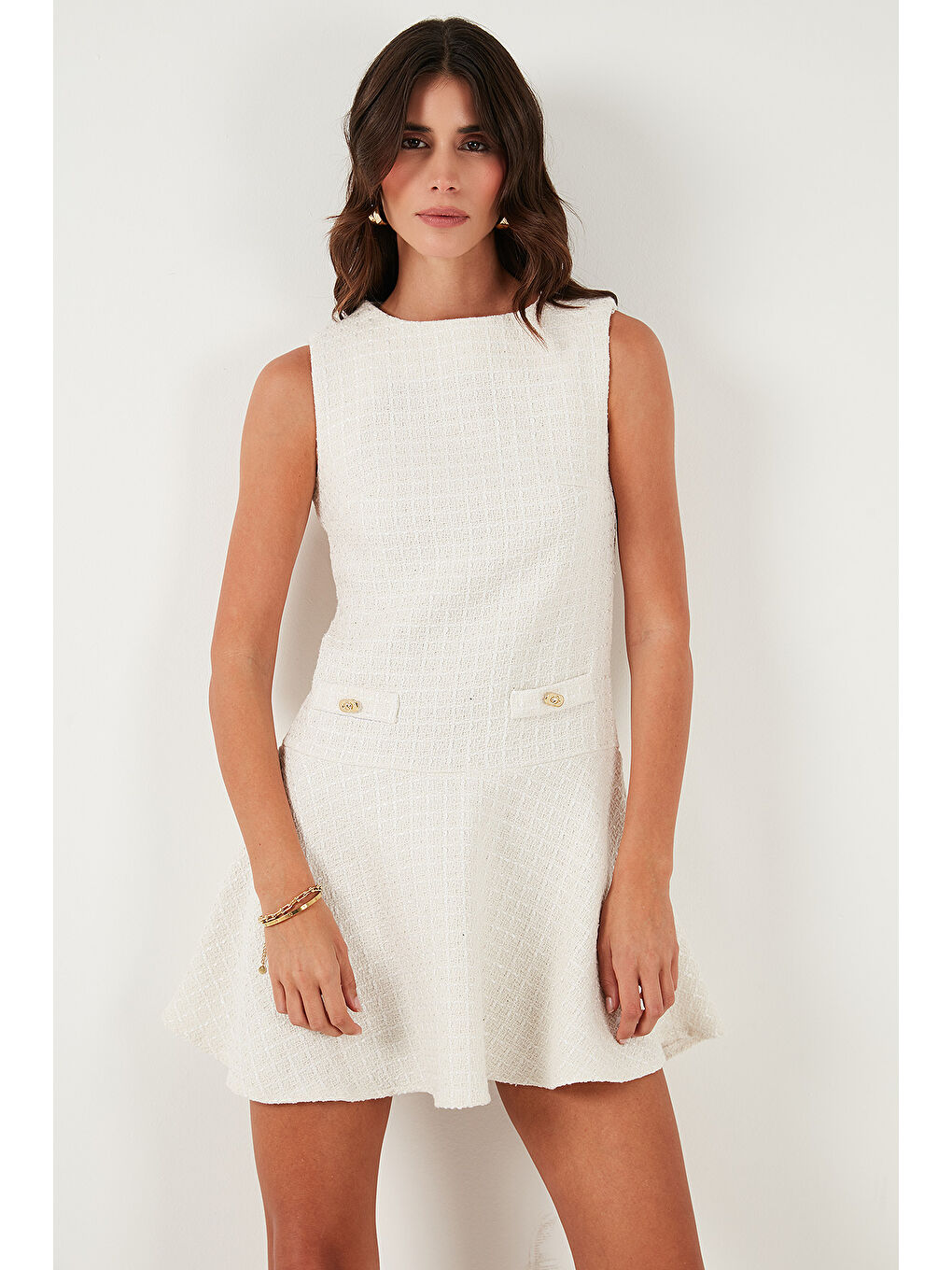 Ekru Pamuklu Regular Fit Bisiklet Yaka Düğme Detaylı A Kesim Mini Abiye Elbise 6525687-2