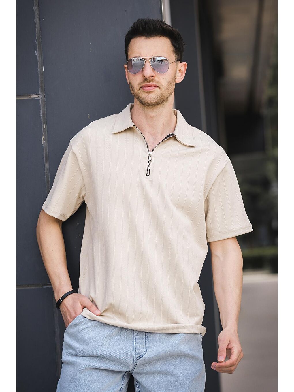 Ekru Lond Polo Yaka Jakar Kumaş Yarım Fermuarlı Erkek Tshirt