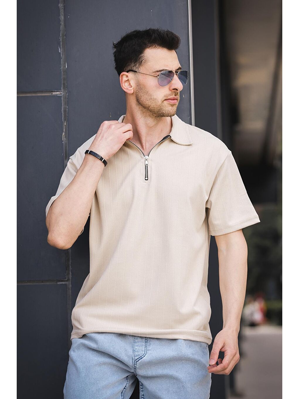 Ekru Lond Polo Yaka Jakar Kumaş Yarım Fermuarlı Erkek Tshirt-1