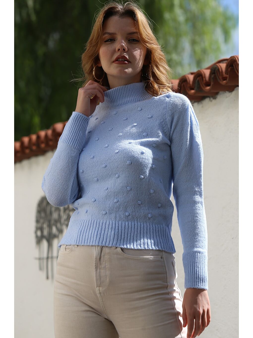 Açık Mavi Balıkçı Yaka Uzun Kol Puantiyeli Triko Kazak 60 55-3