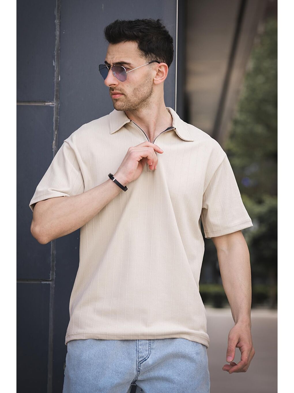 Ekru Lond Polo Yaka Jakar Kumaş Yarım Fermuarlı Erkek Tshirt-2